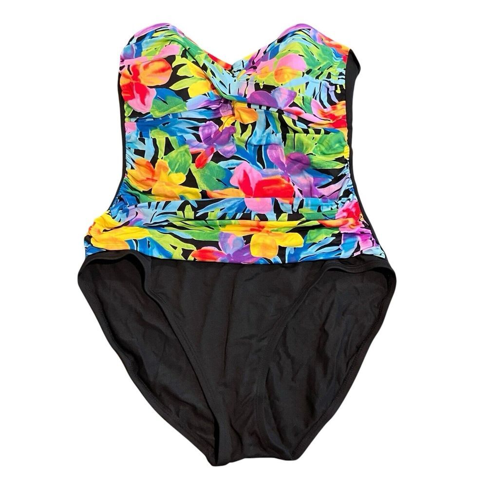 La Blanca Bandeau‎ Swimsuit Women's 14 One Piece Multicolor Floral Black Shirred